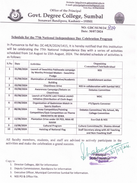 Schedule for the 77th National Independence Day Celebration Programme;